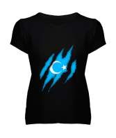 Doğu Türkistan,Uyghur,East Turkestan. Siyah Kadın V Yaka Tişört - Tisho