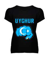 Doğu Türkistan,Uyghur,East Turkestan. Siyah Kadın V Yaka Tişört - Tisho