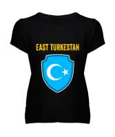 Doğu Türkistan,Uyghur,East Turkestan. Siyah Kadın V Yaka Tişört - Tisho