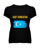 Doğu Türkistan,Uyghur,East Turkestan. Siyah Kadın V Yaka Tişört - Tisho