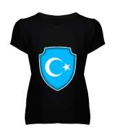 Doğu Türkistan,Uyghur,East Turkestan. Siyah Kadın V Yaka Tişört - Tisho