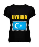Doğu Türkistan,Uyghur,East Turkestan. Siyah Kadın V Yaka Tişört - Tisho