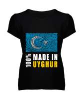 Doğu Türkistan,Uyghur,East Turkestan. Siyah Kadın V Yaka Tişört - Tisho