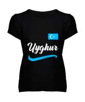 Doğu Türkistan,Uyghur,East Turkestan. Siyah Kadın V Yaka Tişört - Tisho