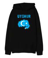 Doğu Türkistan,Uyghur,East Turkestan. Siyah Oversize Unisex Kapüşonlu Sweatshirt - Tisho