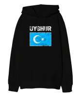 Doğu Türkistan,Uyghur,East Turkestan. Siyah Oversize Unisex Kapüşonlu Sweatshirt - Tisho