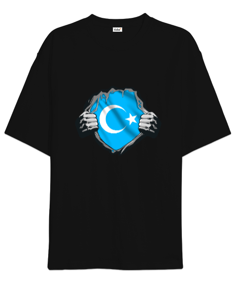 Doğu Türkistan,Uyghur,East Turkestan. Siyah Oversize Unisex Tişört - Tisho