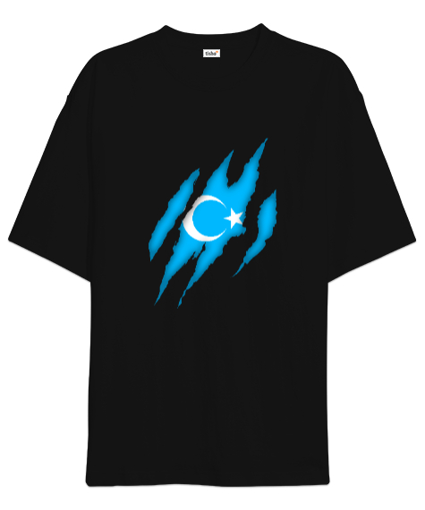 Doğu Türkistan,Uyghur,East Turkestan. Siyah Oversize Unisex Tişört - Tisho
