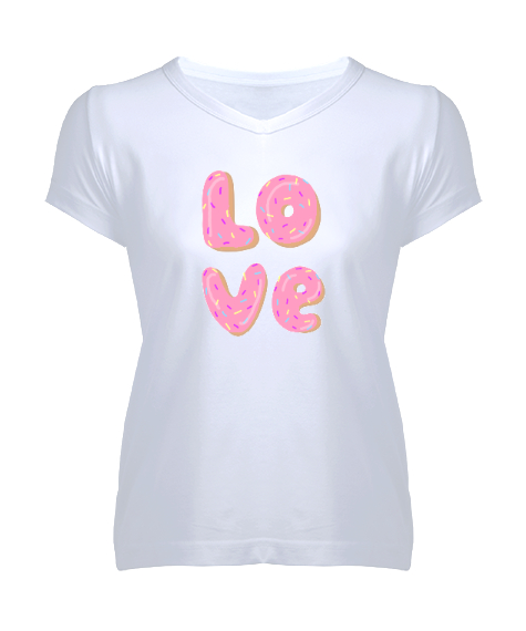 Tisho - Donut Love Yazılı Beyaz Kadın V Yaka Tişört