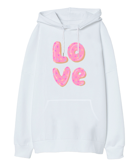 Tisho - Donut Love Yazılı Beyaz Oversize Unisex Kapüşonlu Sweatshirt