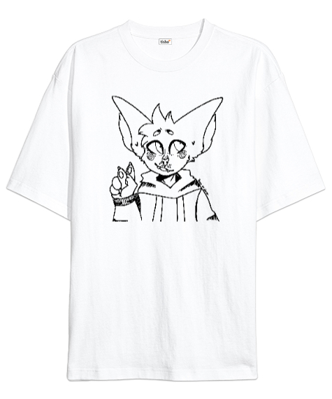 Tisho - Doodle - Çizgisel Karakter Beyaz Oversize Unisex Tişört