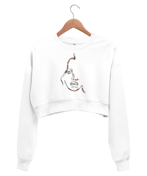 Tisho - Doodle - Çizgisel Yüz Beyaz Kadın Crop Sweatshirt
