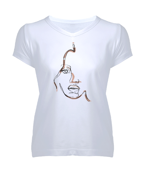 Tisho - Doodle - Çizgisel Yüz Beyaz Kadın V Yaka Tişört