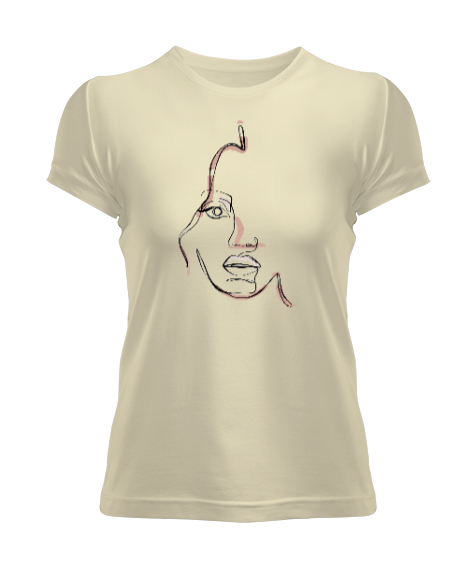 Tisho - Doodle - Çizgisel Yüz Krem Kadın Tişört