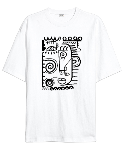 Tisho - Doodle Fantastik Çizim Beyaz Oversize Unisex Tişört