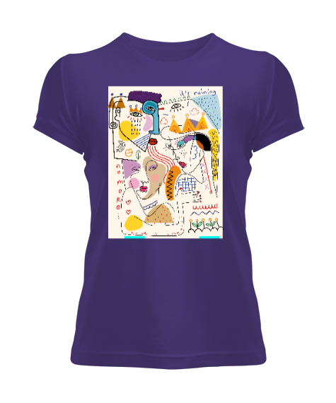 Tisho - Doodle Fantastik Çizim V2 Mor Kadın Tişört