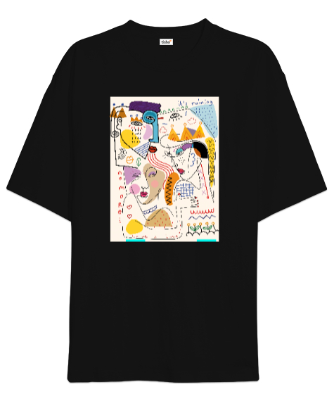 Tisho - Doodle Fantastik Çizim V2 Siyah Oversize Unisex Tişört