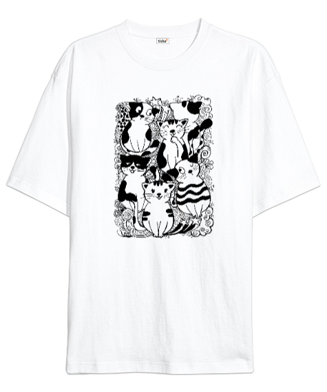 Tisho - Doodle - Kediler - Cats Beyaz Oversize Unisex Tişört