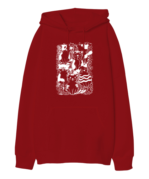 Tisho - Doodle - Kediler - Cats Kırmızı Oversize Unisex Kapüşonlu Sweatshirt