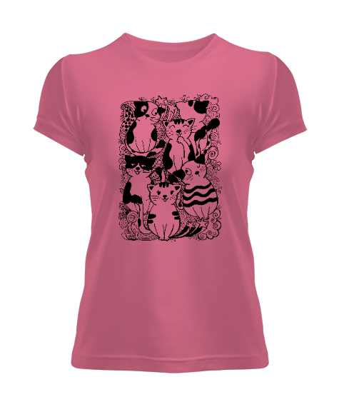 Tisho - Doodle - Kediler - Cats Pembe Kadın Tişört