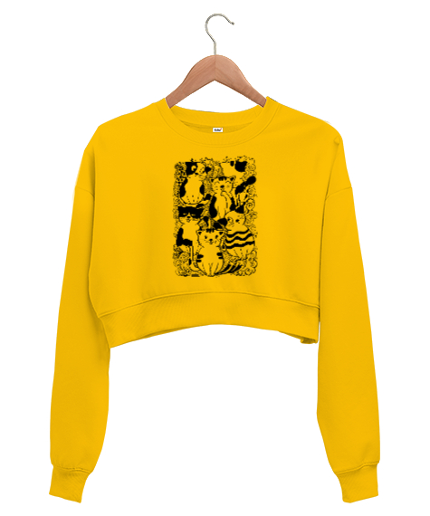 Tisho - Doodle - Kediler - Cats Sarı Kadın Crop Sweatshirt