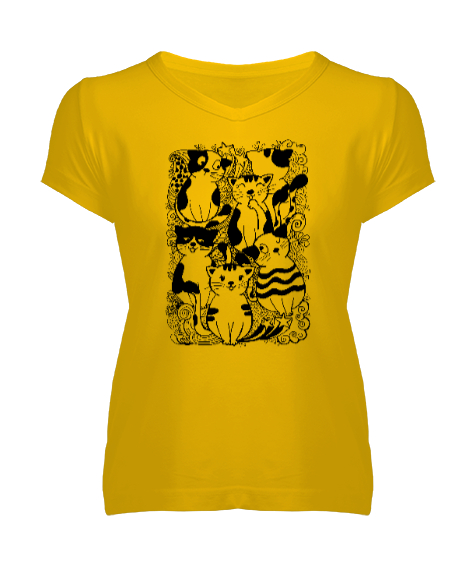 Tisho - Doodle - Kediler - Cats Sarı Kadın V Yaka Tişört