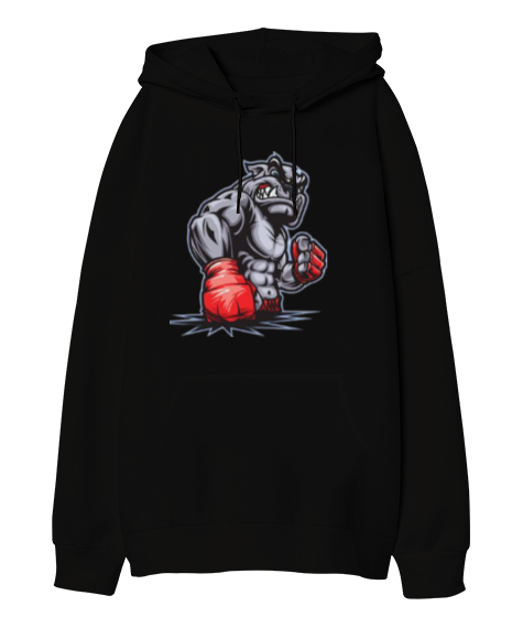 Tisho - Dövüşçü bulldog baskılı Siyah Oversize Unisex Kapüşonlu Sweatshirt