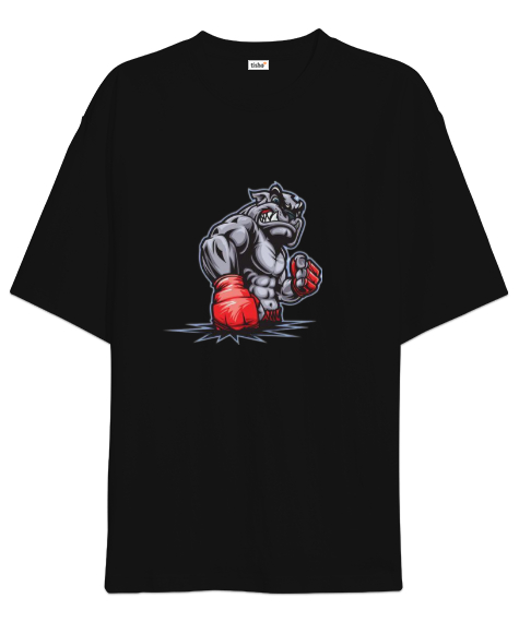 Tisho - Dövüşçü bulldog baskılı Siyah Oversize Unisex Tişört