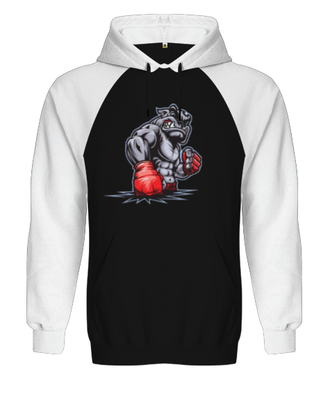 Tisho - Dövüşçü bulldog baskılı Siyah/Beyaz Orjinal Reglan Hoodie Unisex Sweatshirt