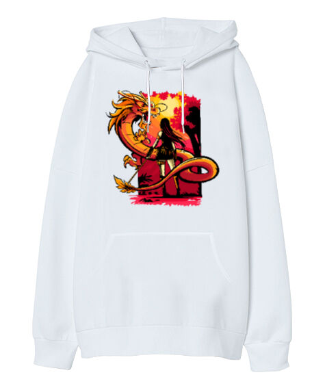 Tisho - Dragon And Girl Beyaz Oversize Unisex Kapüşonlu Sweatshirt