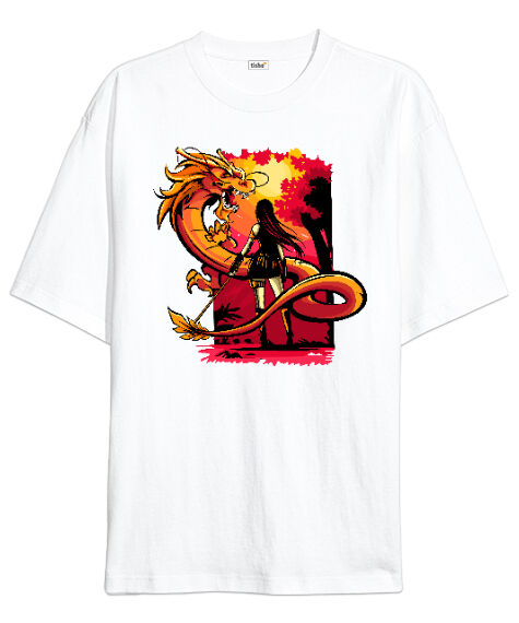 Tisho - Dragon And Girl Beyaz Oversize Unisex Tişört