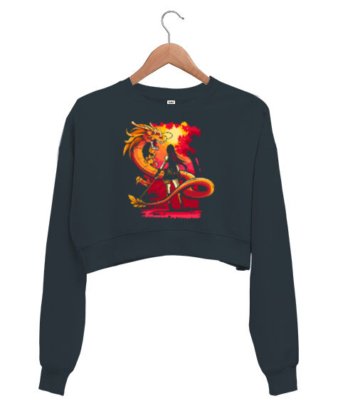 Tisho - Dragon And Girl Füme Kadın Crop Sweatshirt