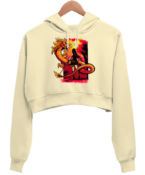 Tisho - Dragon And Girl Krem Kadın Crop Hoodie Kapüşonlu Sweatshirt