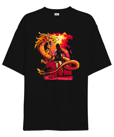 Tisho - Dragon And Girl Siyah Oversize Unisex Tişört