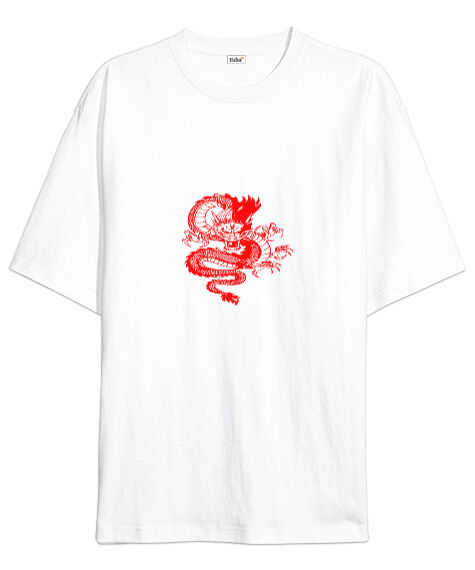 Tisho - dragon baskılı Beyaz Oversize Unisex Tişört