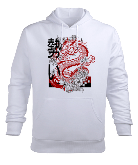 Tisho - Dragon - Ejderha Beyaz Erkek Kapüşonlu Hoodie Sweatshirt