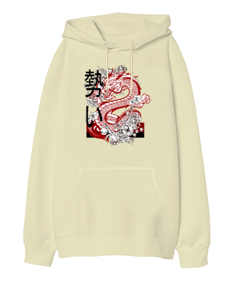 Tisho - Dragon - Ejderha Krem Oversize Unisex Kapüşonlu Sweatshirt