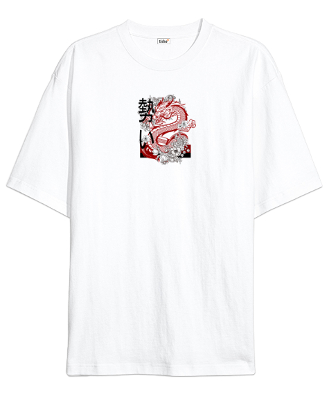 Tisho - Dragon - Ejderha Sırt Baskılı Beyaz Oversize Unisex Tişört