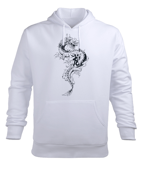 Tisho - dragon kanji Beyaz Erkek Kapüşonlu Hoodie Sweatshirt