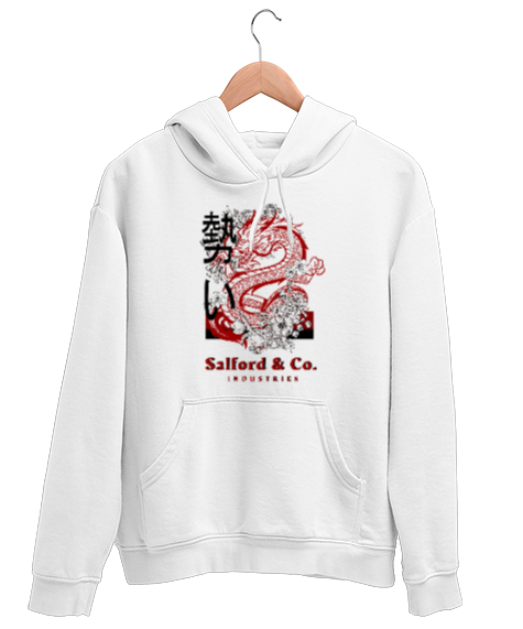 Tisho - Dragon printed. Beyaz Unisex Kapşonlu Sweatshirt