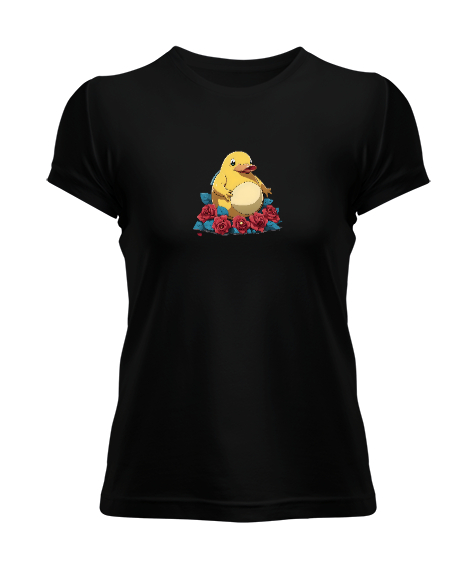 Tisho - Ducko Rosso Gül ve Ördek Siyah Kadın Tişört