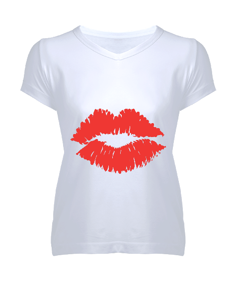Tisho - dudak bıyık tasarımlı Kadın V Yaka Tişört