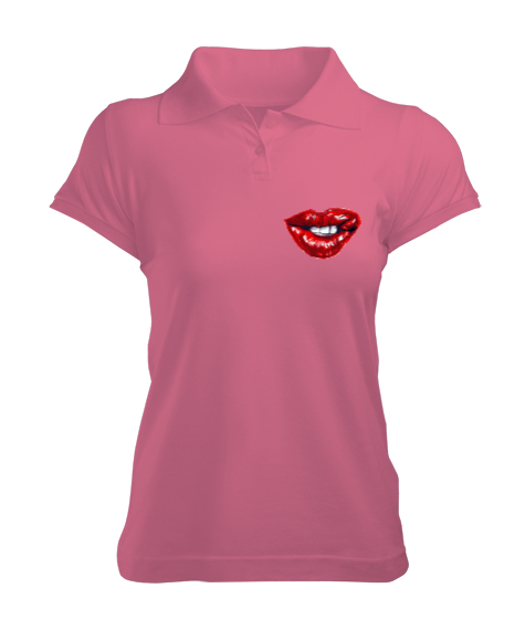Tisho - Dudak - Lips Pembe Kadın Polo Yaka Tişört