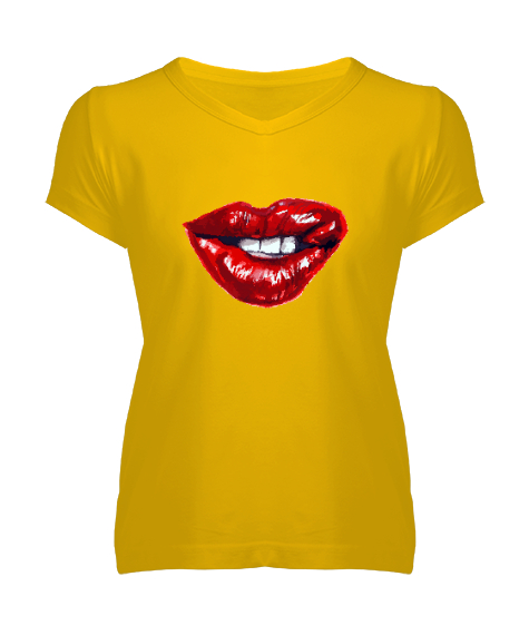 Tisho - Dudak - Lips Sarı Kadın V Yaka Tişört