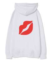 Dudak tasarımlı swit Beyaz Oversize Unisex Kapüşonlu Sweatshirt - Thumbnail