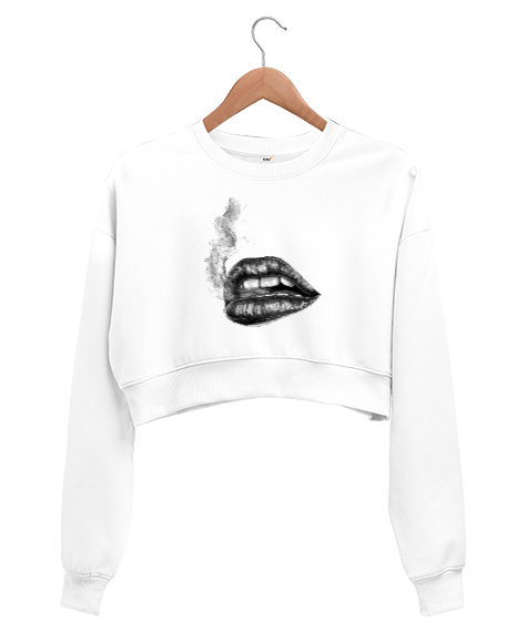 Tisho - Dudak ve Duman Beyaz Kadın Crop Sweatshirt