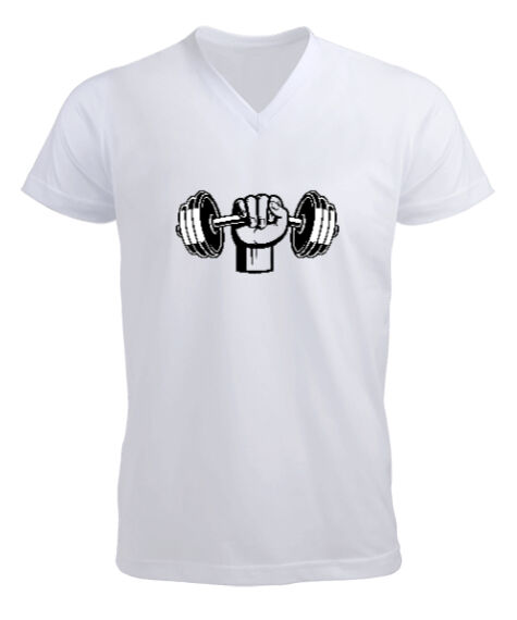 Tisho - Dumbell kaslı yumruk fitness motivasyon Beyaz Erkek Kısa Kol V Yaka Tişört