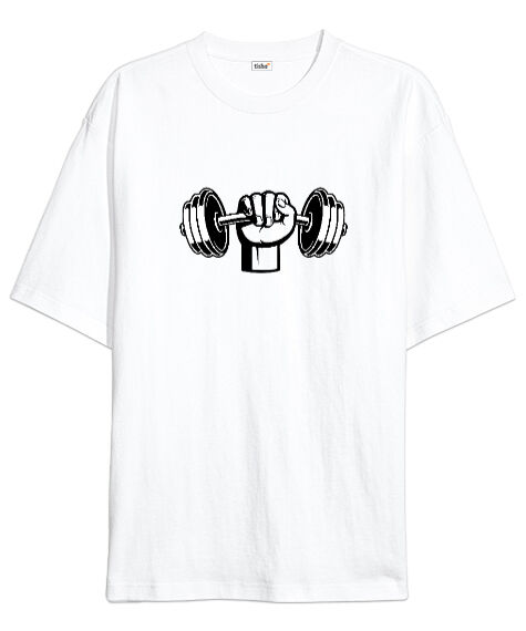 Tisho - Dumbell kaslı yumruk fitness motivasyon Beyaz Oversize Unisex Tişört