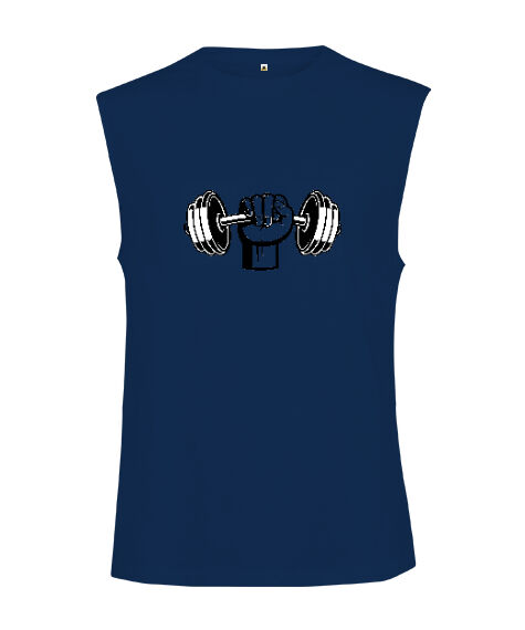Tisho - Dumbell kaslı yumruk fitness motivasyon Lacivert Kesik Kol Unisex Tişört
