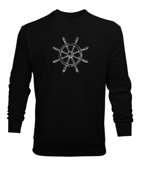 Tisho - Dümen Gemi Tekerleği Tasarımlı Siyah Erkek Sweatshirt